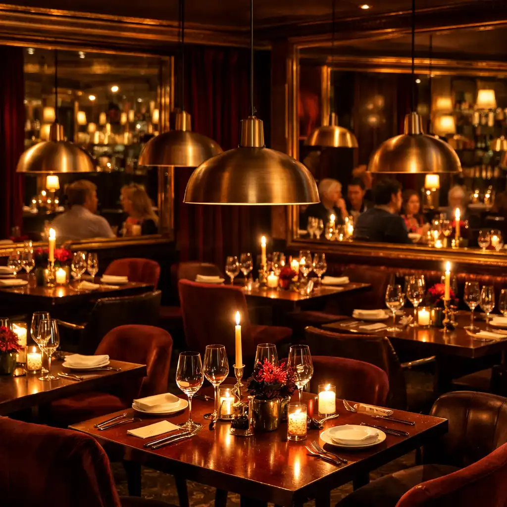 Restaurant en soirée avec lumières tamisées, bougies sur les tables et suspensions chaleureuses