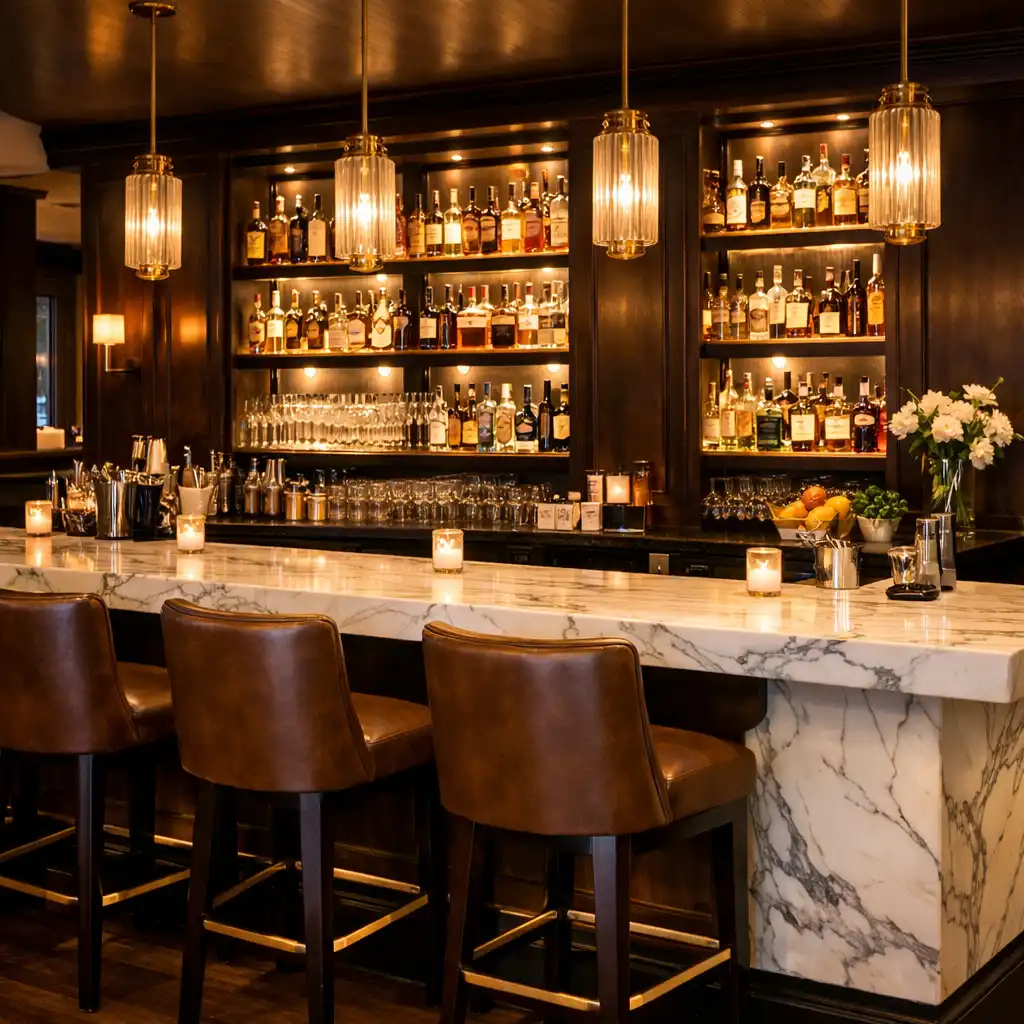 Bar élégant avec comptoir en marbre, tabourets hauts et étagères rétroéclairées