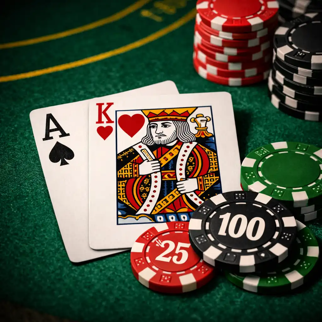 Cartes à jouer et jetons de blackjack sur une table en feutre vert