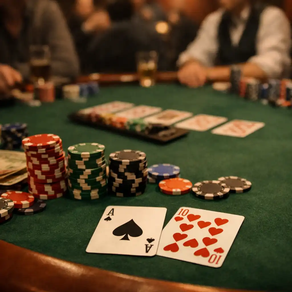 Table de poker dans un casino physique avec cartes et jetons