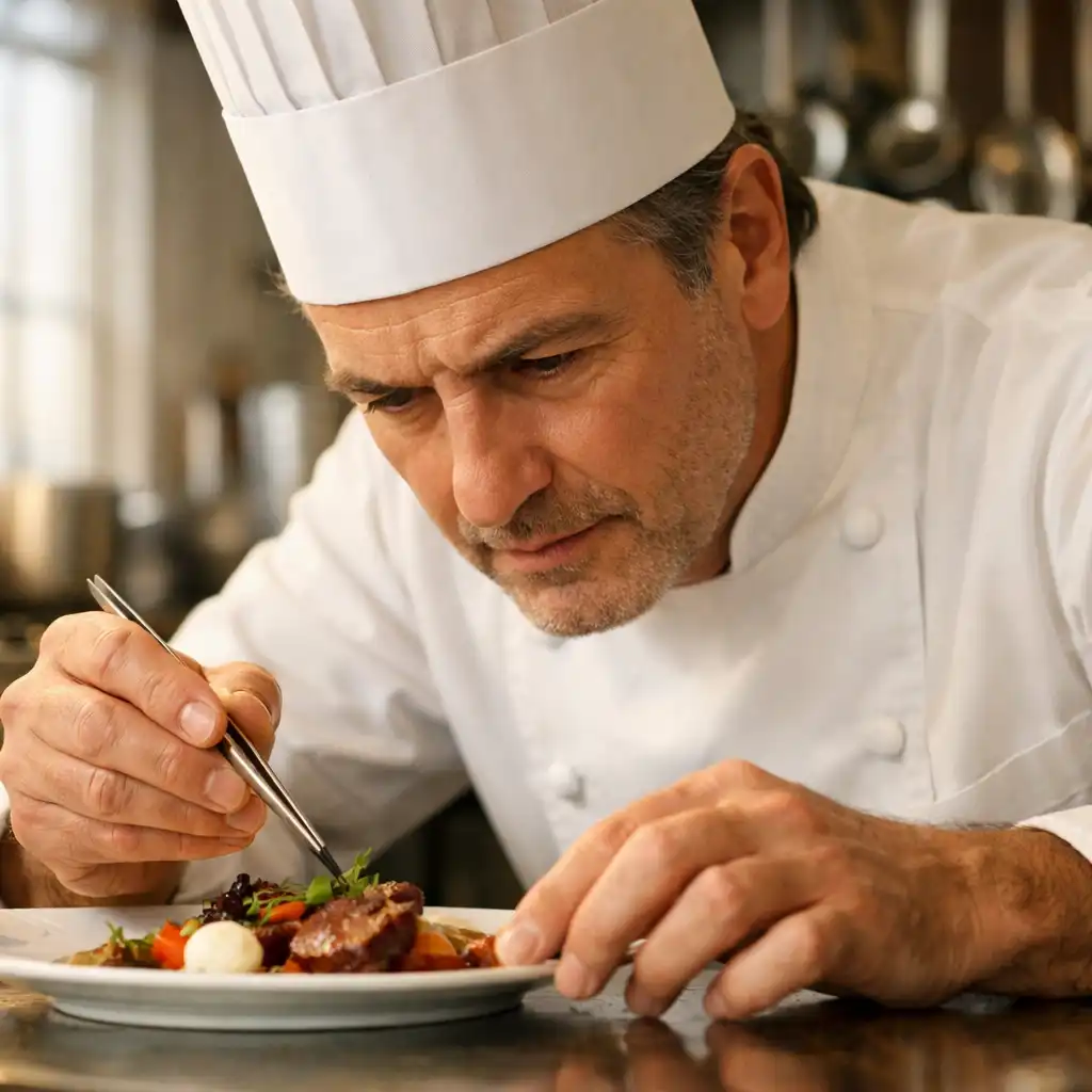 Chef cuisinier français dressant un plat avec précision