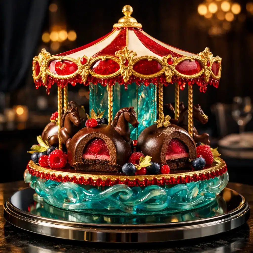 Dessert Carrousel spectaculaire avec socle en sucre soufflé, mousse au chocolat et insert framboise, décoré de fruits rouges
