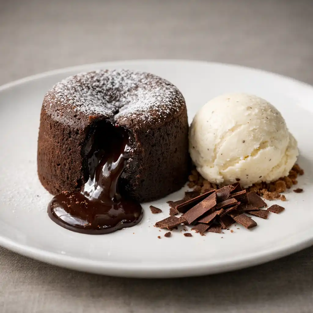 Fondant au chocolat au cœur coulant, accompagné d'une glace à la vanille et de copeaux de chocolat