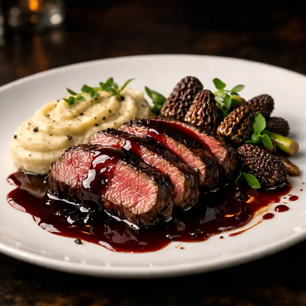 Filet de bœuf grillé tranché, nappé de sauce au vin rouge, accompagné de morilles fraîches et de purée truffée