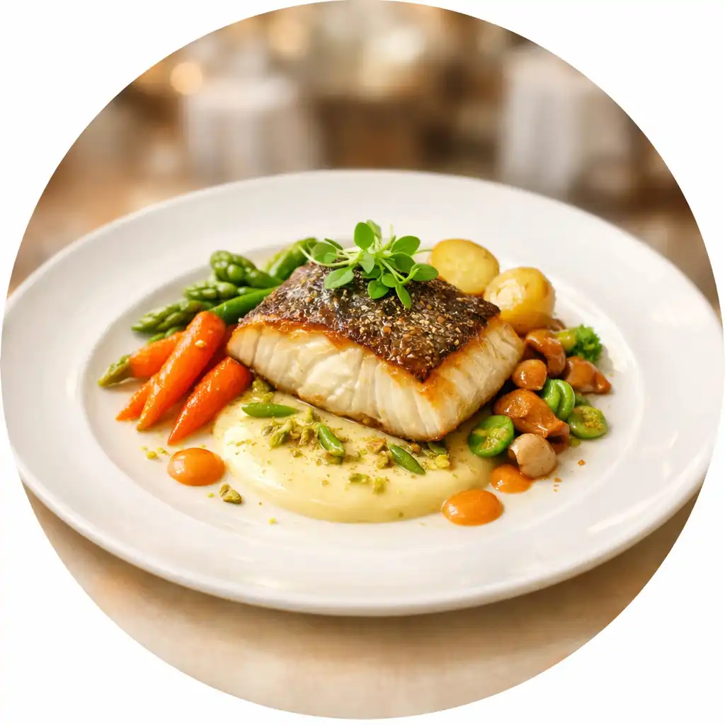 Plat gastronomique français raffiné présenté sur une assiette blanche élégante