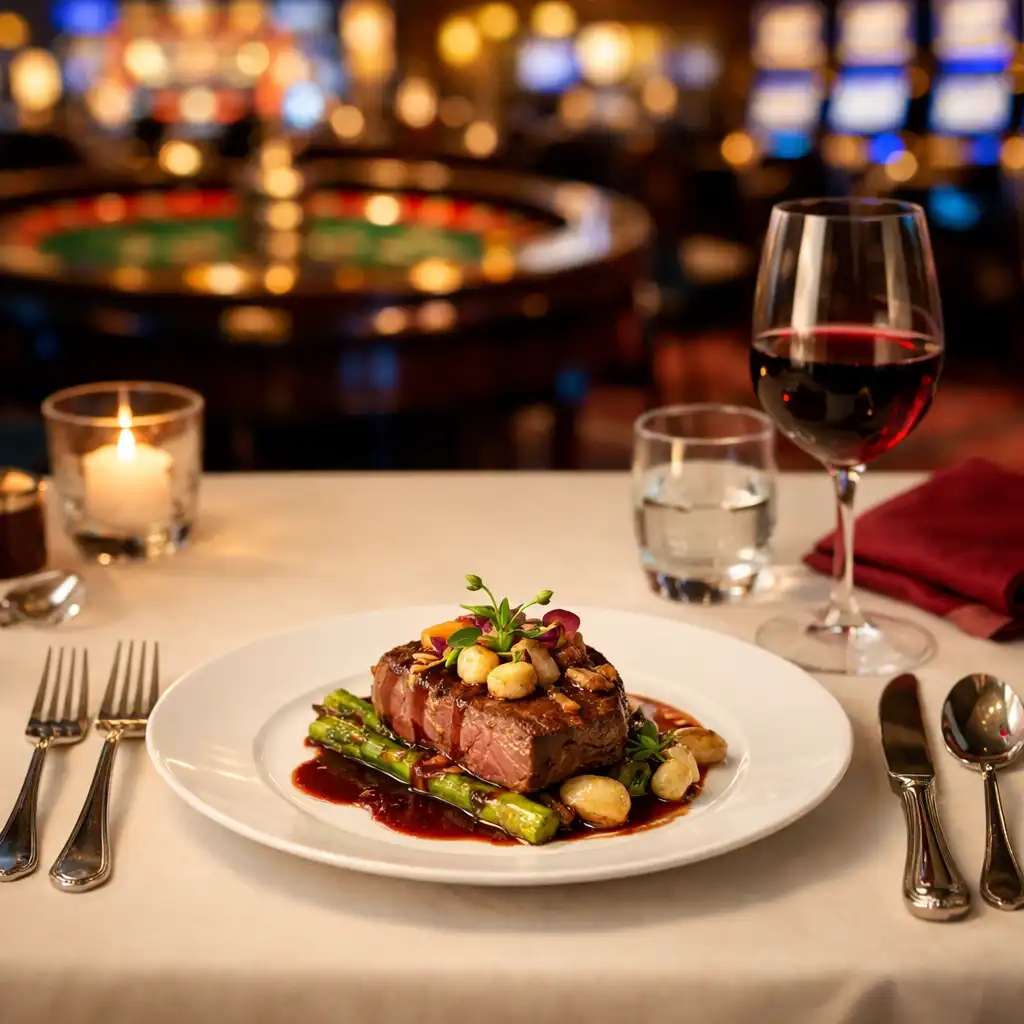 Plat gastronomique français raffiné sur une table élégante, ambiance feutrée de casino en arrière-plan