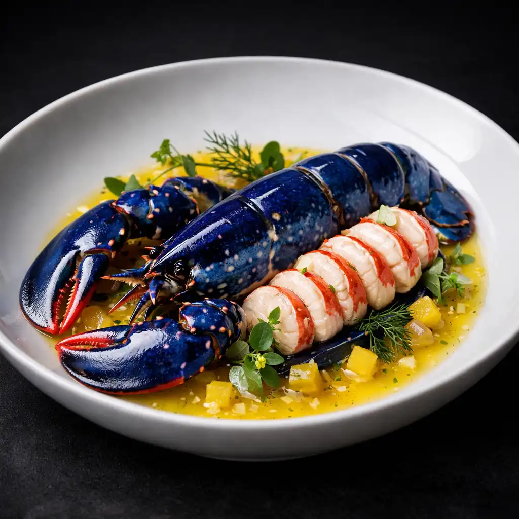 Homard bleu en belle-vue avec sauce au citron confit