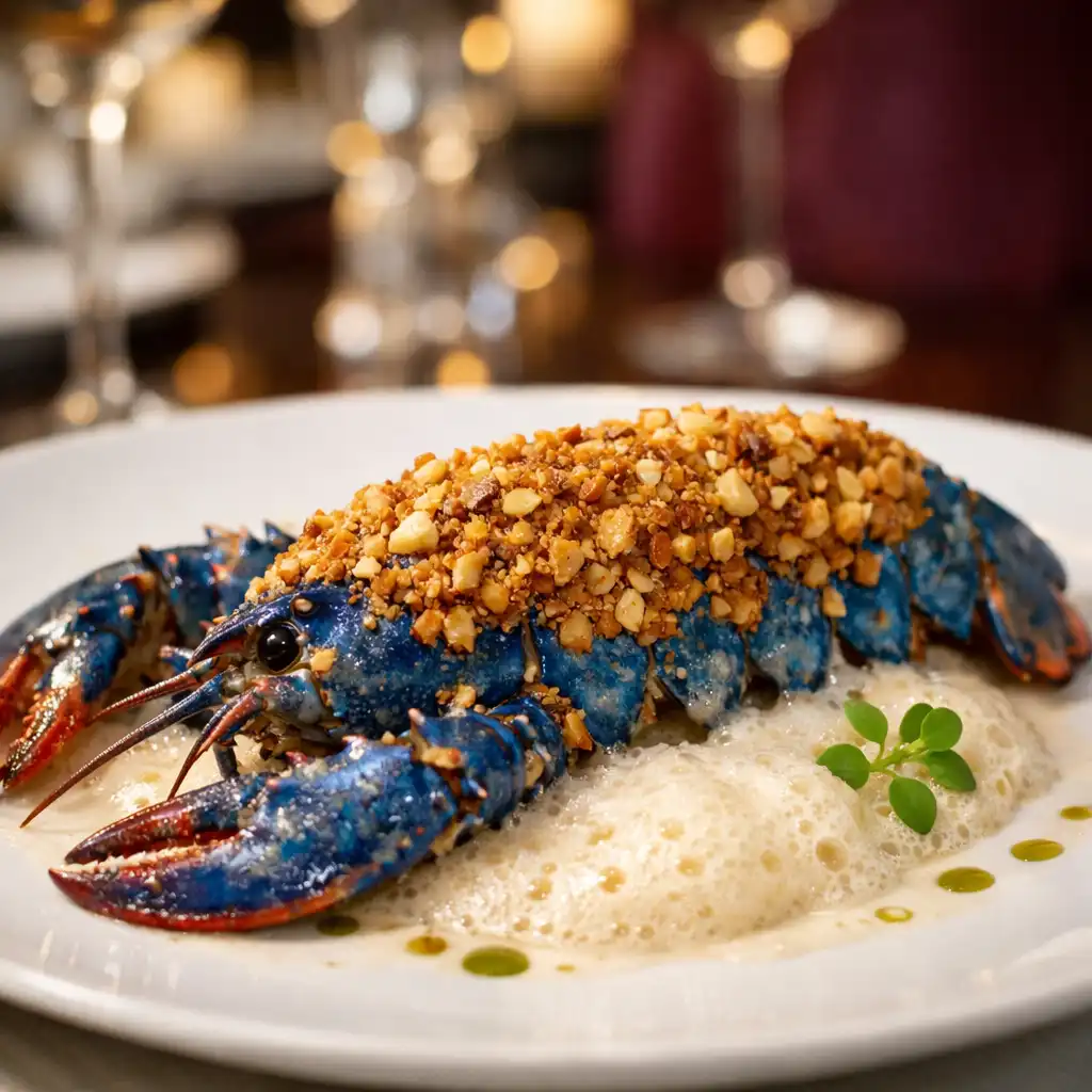 Homard bleu en croûte de noisettes dorée, servi avec une émulsion de champagne sur une assiette blanche élégante
