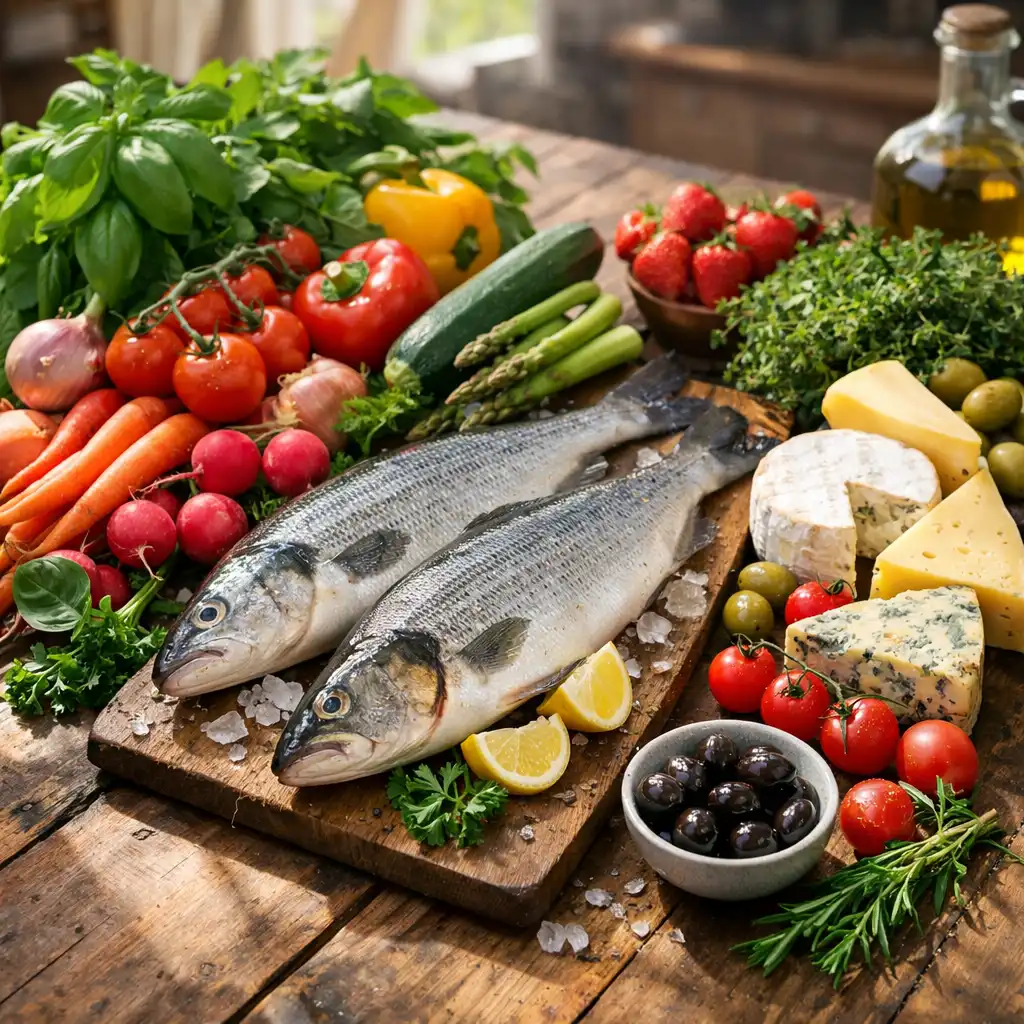Ingrédients frais de saison disposés sur une table en bois rustique