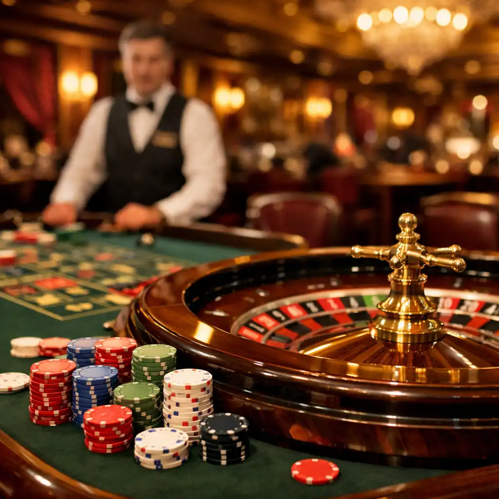 Intérieur élégant du casino avec table de roulette et jetons colorés