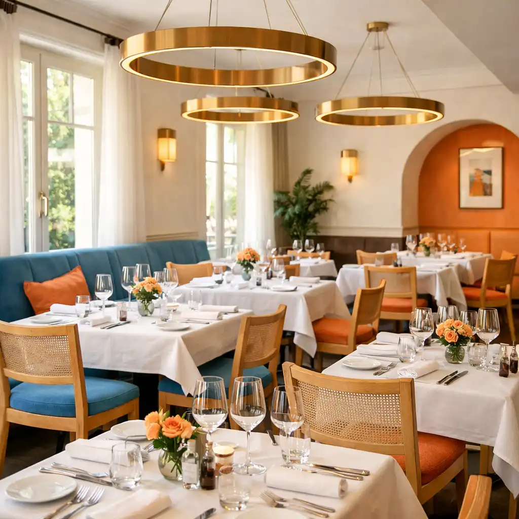 Vue d'ensemble de la salle lumineuse du restaurant Saveurs et Table avec tables dressées et suspensions circulaires