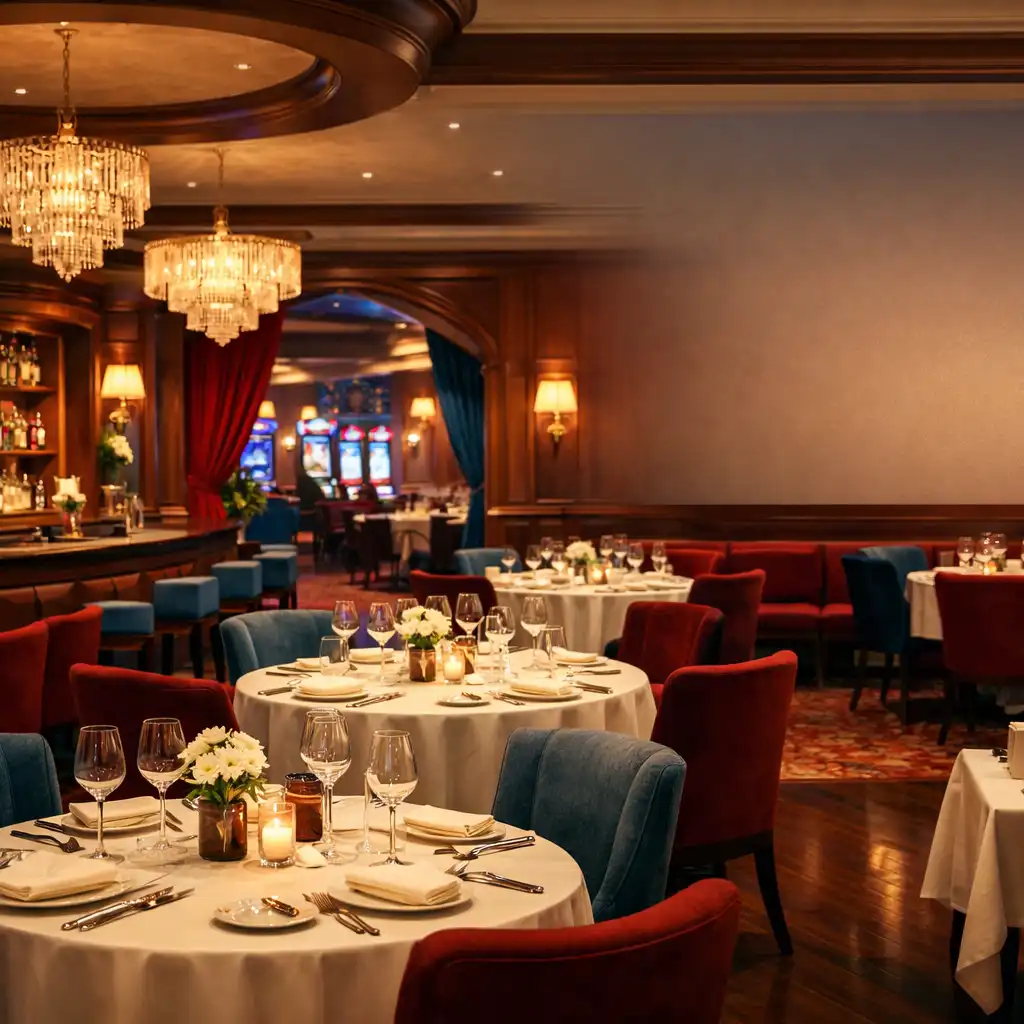 Intérieur élégant du restaurant Saveurs et Table au sein du casino, avec tables dressées et éclairage tamisé