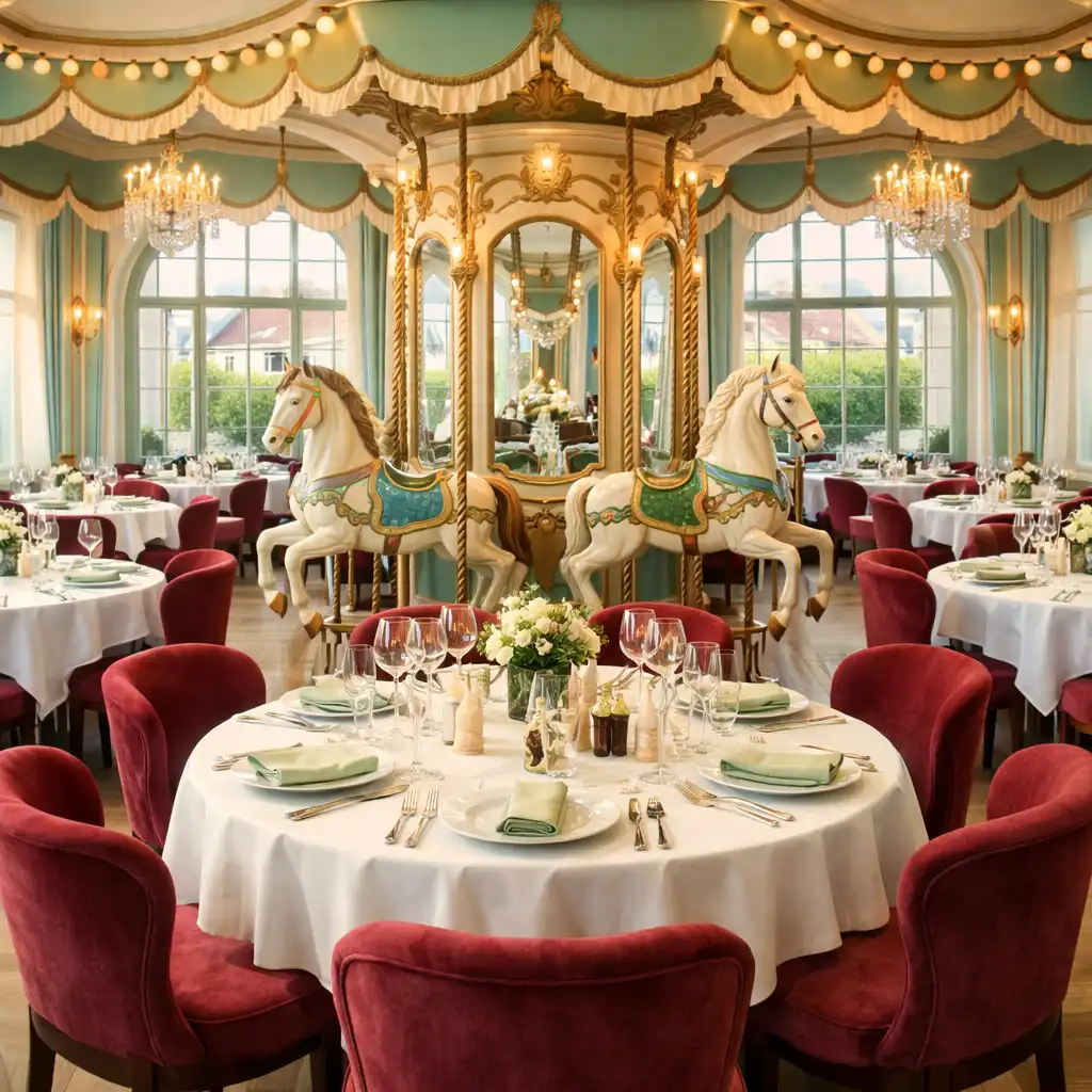 Intérieur lumineux du restaurant Saveurs et Table avec tables dressées, chaises en velours bordeaux et éléments décoratifs évoquant un carrousel