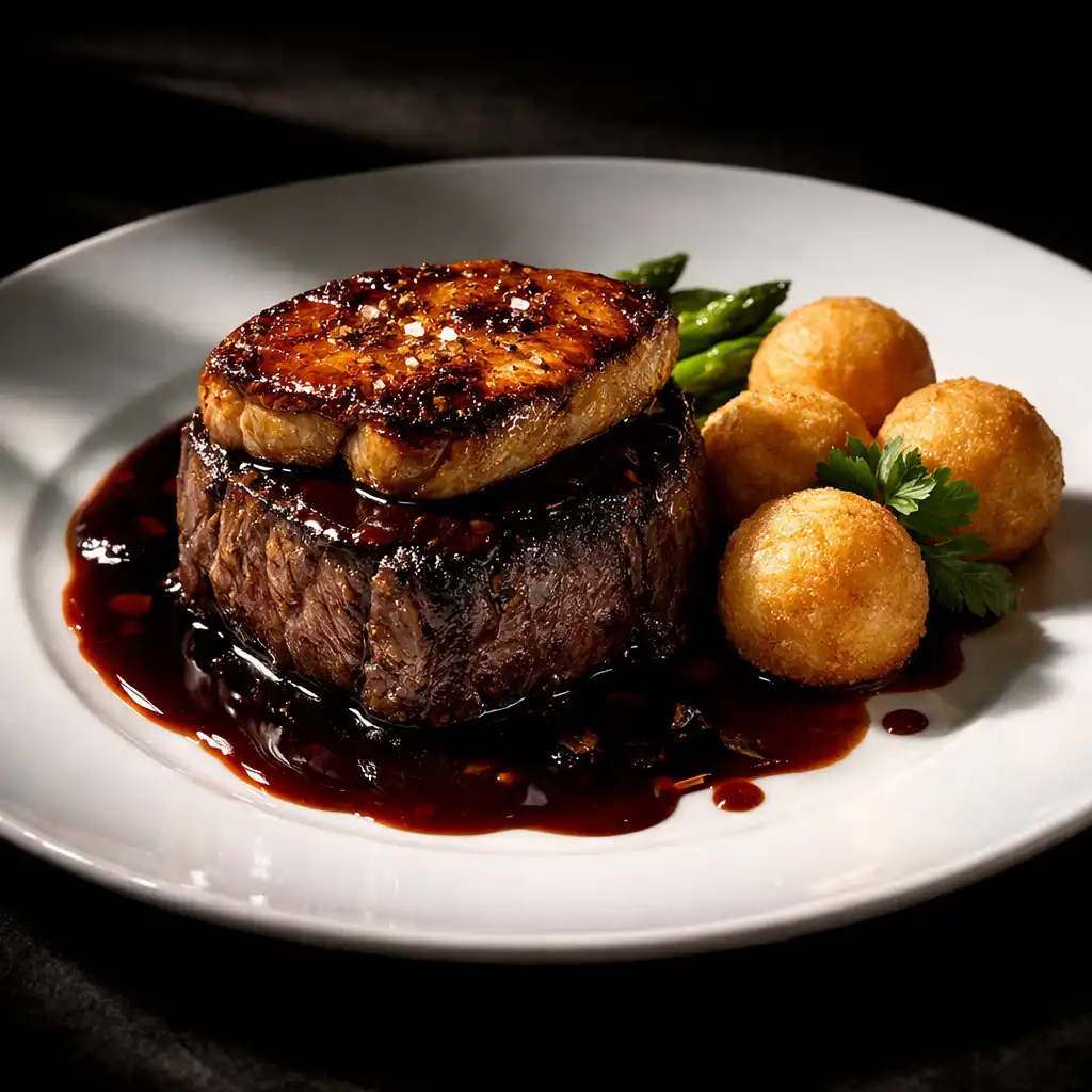 Filet de bœuf Rossini avec foie gras et sauce au vin rouge