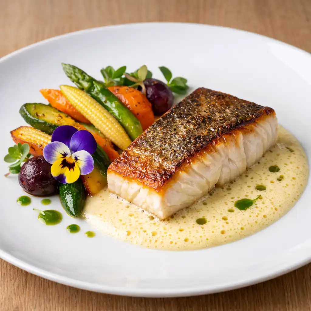 Plat gastronomique français dressé avec art, filet de poisson et légumes de saison