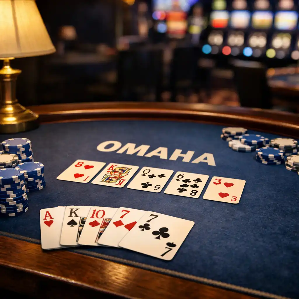 Table de poker Omaha avec cartes et jetons bleus