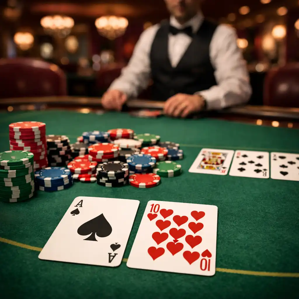 Table de poker physique avec cartes et jetons dans un casino élégant