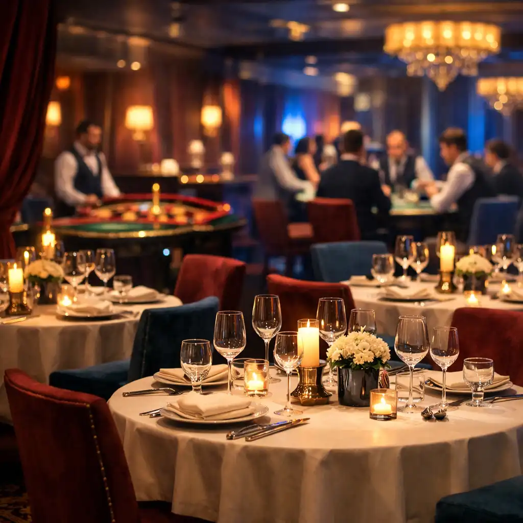 Vue du restaurant gastronomique en soirée avec éclairage tamisé et tables de jeu de casino en arrière-plan flou
