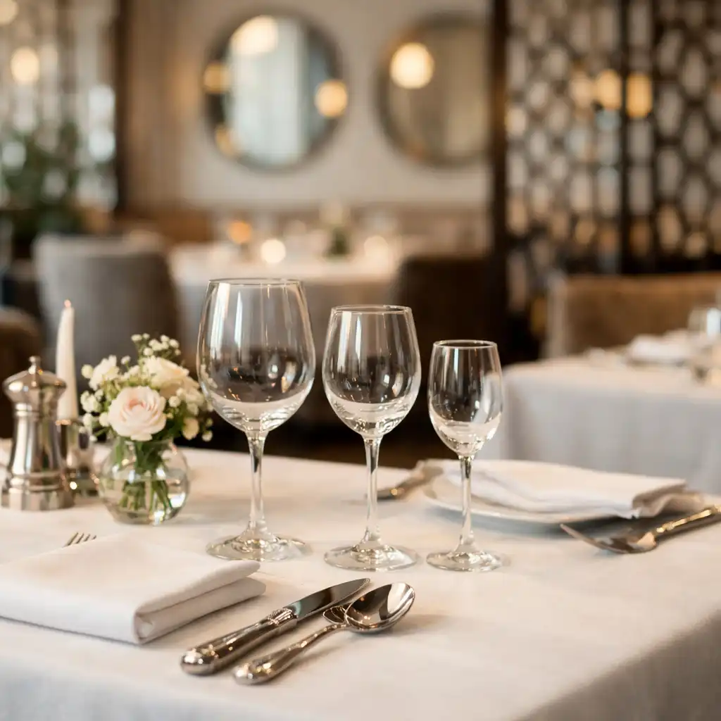 Table dressée avec nappe blanche, couverts en argent et verres à pied dans la salle principale