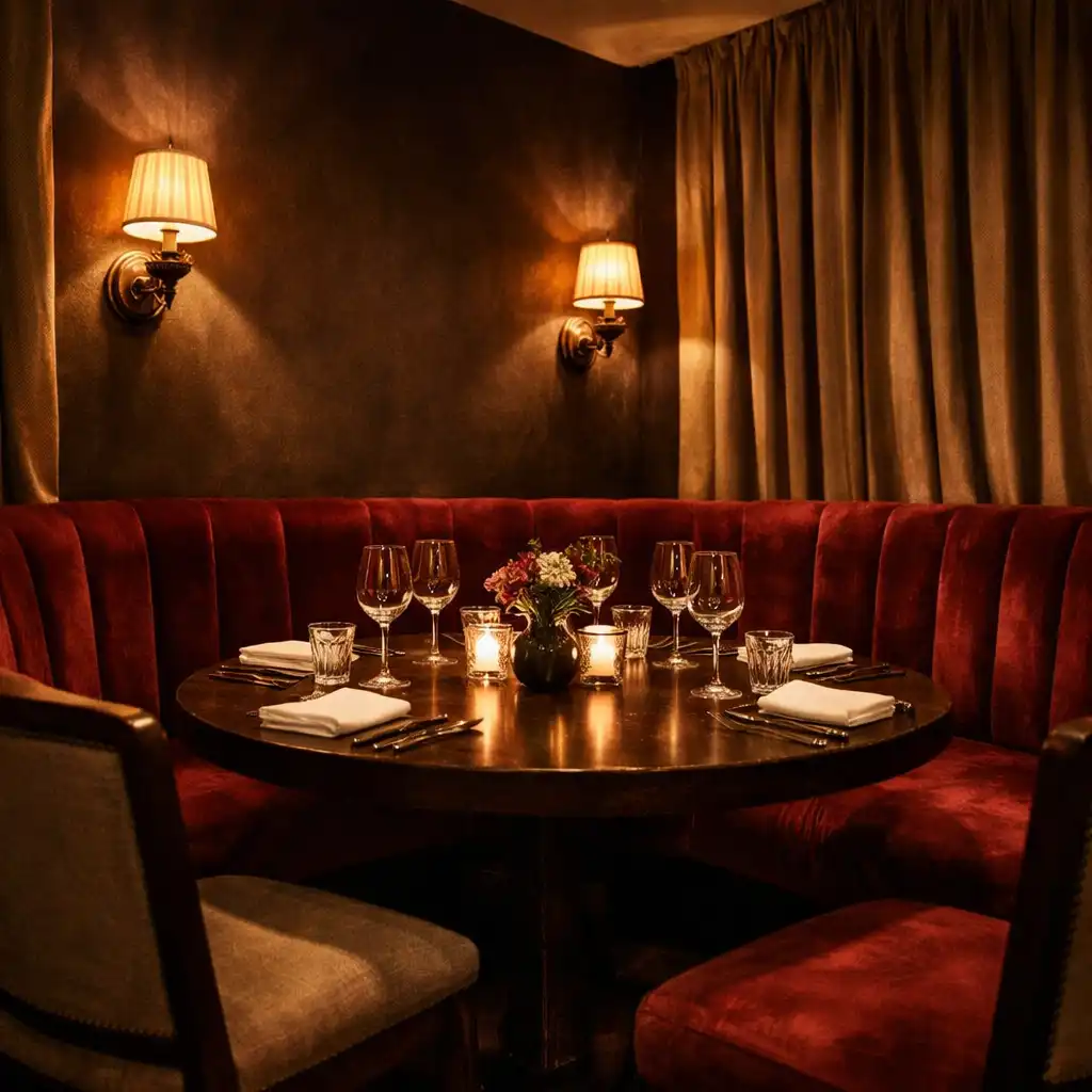Salon privé avec banquette en velours bordeaux, table ronde et éclairage tamisé