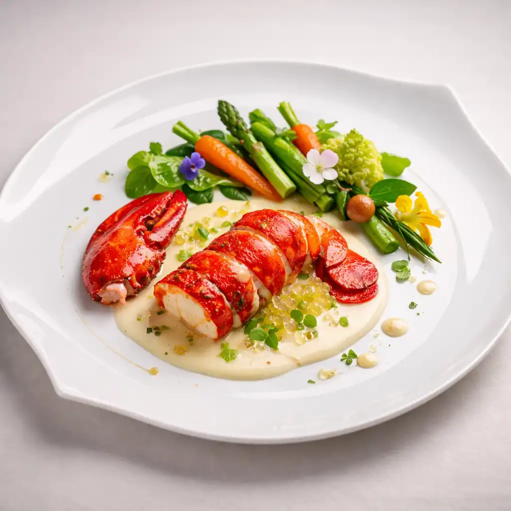 Homard bleu rôti, beurre blanc au citron caviar et légumes de saison