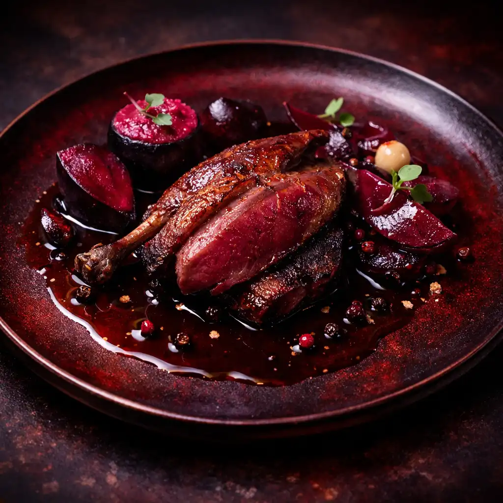 Plat signature de pigeon rôti avec betterave fumée