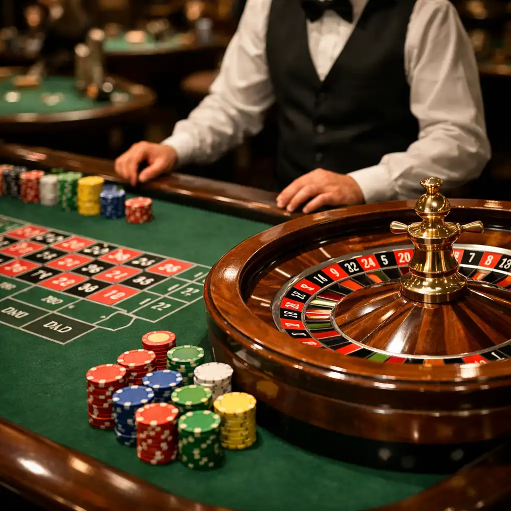 Table de roulette physique dans un casino élégant avec jetons colorés