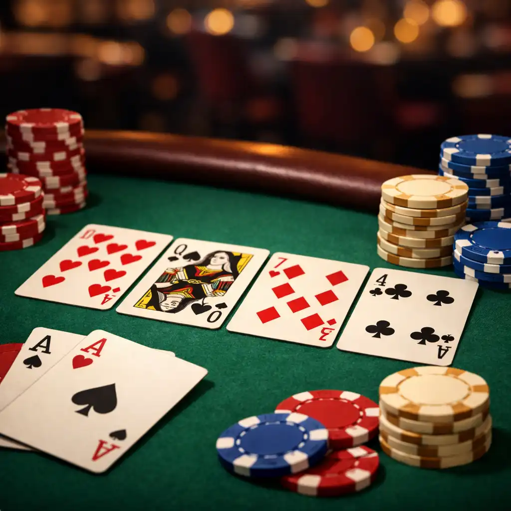 Gros plan sur une table de poker physique avec cartes à jouer, jetons colorés et tapis vert