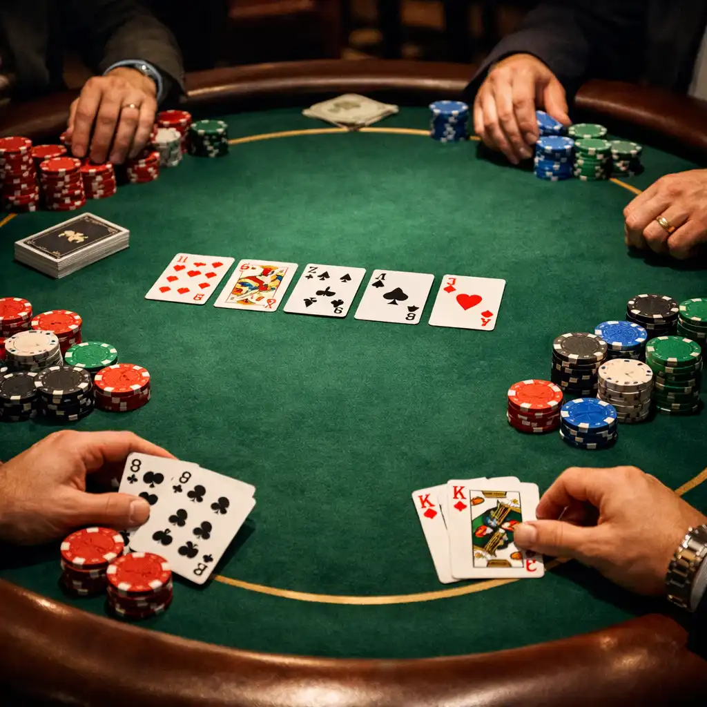 Table de poker physique avec tapis vert, cartes à jouer et jetons colorés