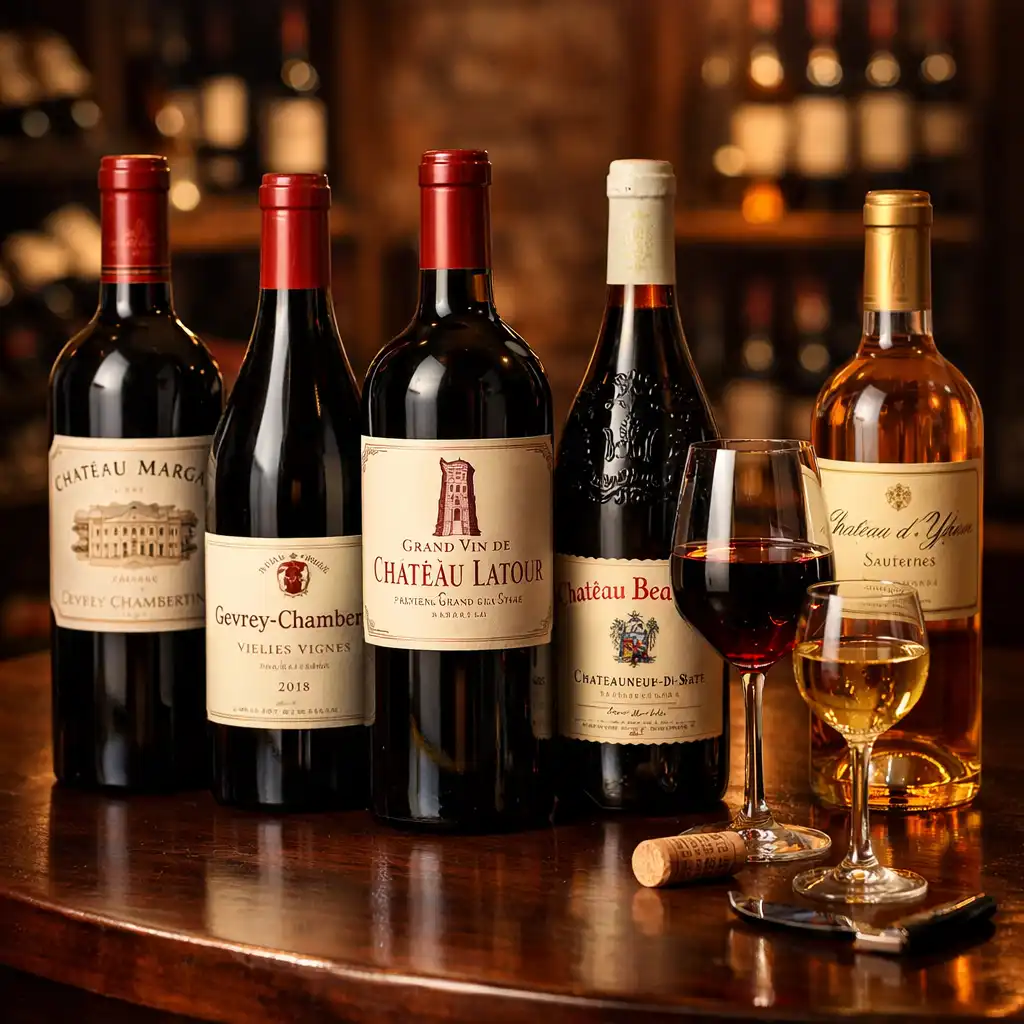 Sélection de bouteilles de vin français et de verres remplis
